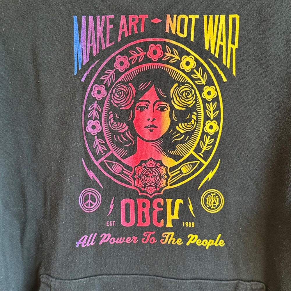 Obey Hoodie Women Black Make Art Not War Shepard Fairey Graphic Sweatshirt M - Picture 2 of 6